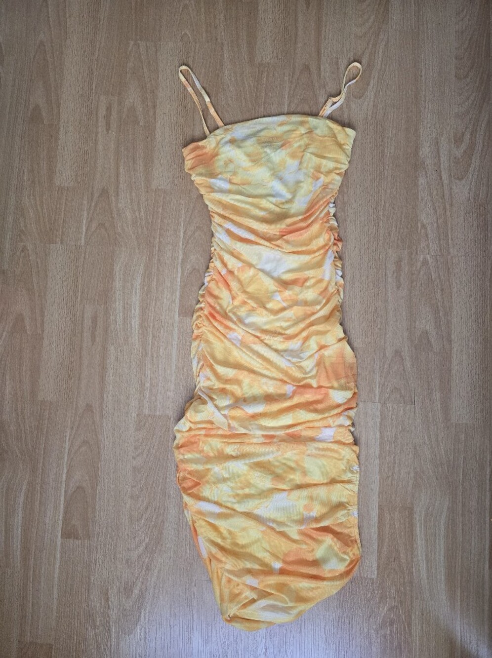 NWT Forever 21 Yellow & Orange Floral Mesh Ruched Midi Dress